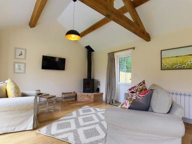A living room with exposed wooden beams a wood stove a wall-mounted TV sofas with cushions and a patterned rug at Park Bothy Wyck Rissington