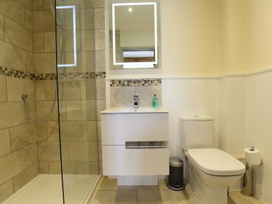 A bathroom with a shower, a sink with a mirror above, and a toilet at Park Stables in Wyck Beacon near Bourton-on-the-Water