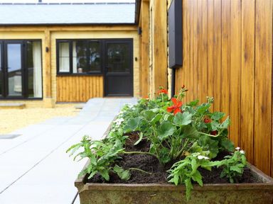 A planted flower bed with green plants and red flowers outside a wooden building at Park Stables in Wyck Beacon near Bourton-on-the-Water
