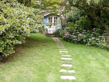 A garden path leads to a small blue shed with white doors surrounded by green bushes and flowering plants at Hadcroft Cottage in Aston Magna