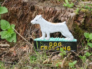 A white dog figurine on a black base with yellow text reading dog crossing in front of a tree stump surrounded by grass and leaves
