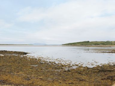 A coastal landscape with seaweed covered shore and calm water at Daffodil Cottage in Grange County Sligo