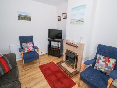 A living room with two blue armchairs a sofa a television on a stand and a fireplace at Daffodil Cottage in Grange County Sligo