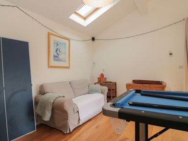 A room with a sofa, a pool table, a framed picture, and a skylight at Russet in Martin