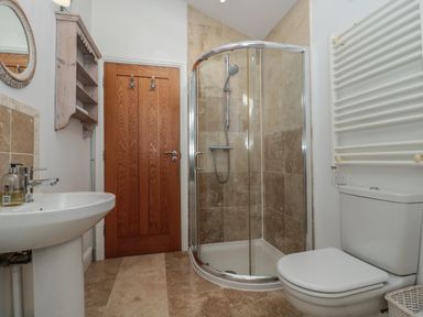 A bathroom with a shower enclosure toilet sink wooden door and wall shelf at Russet in Martin