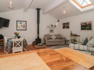 A living room with sofas a dining table with flowers a wood burning stove and paintings on the walls at Pippin in Martin