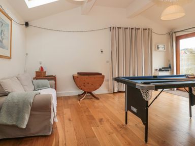 A room with a pool table sofa a side table and a folding wooden table at Pippin in Martin