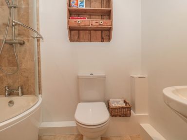 A bathroom with a toilet bathtub with shower and wooden wall cabinet above the toilet at Pippin in Martin