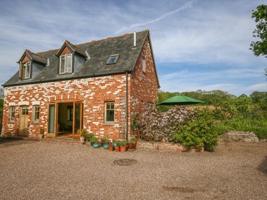 A brick house with a slate roof potted plants on gravel outside and a green umbrella in the garden at The Coach House in Lympstone