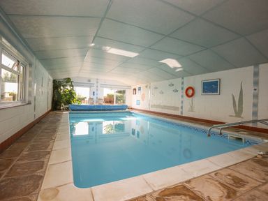 An indoor swimming pool with tiled floor plants and wall decorations at The Coach House in Lympstone