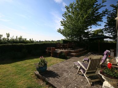 A garden patio with wooden chairs and purple cushions a table with an umbrella and plants in pots at The Coach House in Lympstone