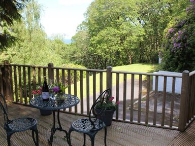 A wooden deck with a round metal table and two chairs overlooking a garden with trees and flowers at Treetops in Woody Bay