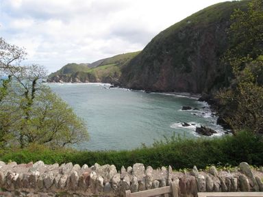 A coastal view with cliffs trees and a stone wall at Treetops in Woody Bay