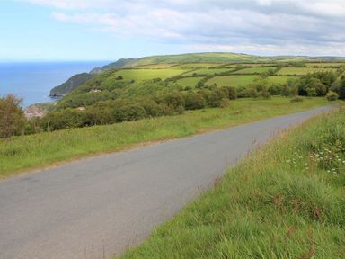 A country road with grass and trees overlooking hills and sea at Treetops in Woody Bay