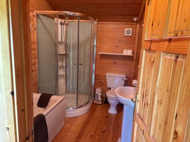 A bathroom with a shower enclosure bathtub toilet and sink at Treetops in Woody Bay