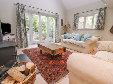 A living room with sofas, a wooden coffee table on a patterned rug, a basket with firewood and a TV at Bridge Studio in Broad Chalke