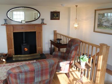 A sitting area with a wood-burning stove fireplace two plaid armchairs a small wooden table with a plant and framed artwork at The Folly at Castlebridge in Mere