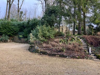 An outdoor garden area with stairs leading up a sloped planting bed with shrubs and trees at The Folly at Castlebridge in Mere