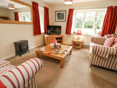 A living room with a sofa and coffee table at Droop Farm Cottage, Droop near Hazelbury Bryan