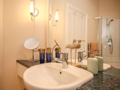 A bathroom sink with toiletries and decorative birds on the counter at West Lodge in Rockbourne