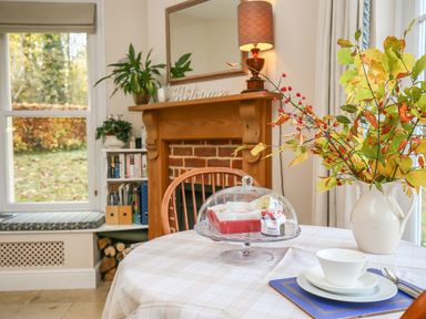 A dining area with a table covered by a checkered tablecloth with a cake stand and cup in front of a wooden chair and fireplace at West Lodge in Rockbourne