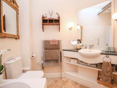 A bathroom with a toilet a sink a mirror towels on a chrome heated towel rail and a wooden shelf with bottles at East Lodge Rockbourne