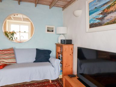 A living room with a sofa and bookshelf at Greeb Rocks Cottage Marazion