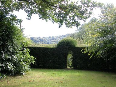 A garden with a grass lawn and a hedge with an arched opening surrounded by trees at The Yeomans House in Bignor