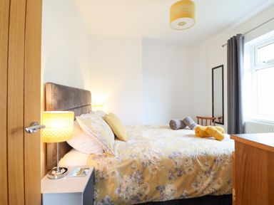 A bedroom with a bed and bedside lamp at Arnant in Dolgellau