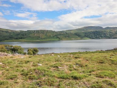 A grassy field with rocks and trees by a lake with hills and cloudy sky in the background at Dromstabla in Glencar