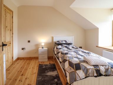 A bedroom with a single bed with geometric patterned bedding a nightstand with a lamp and a door at Llety Dewi in Lake Vyrnwy