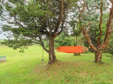 A grassy area with trees a swing attached to one tree and a hammock between two trees at The Schooner in Goleen County Cork