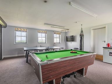 A game room with a pool table ping pong table punching bag and television at Hen Hafod in Talwrn near Llangefni