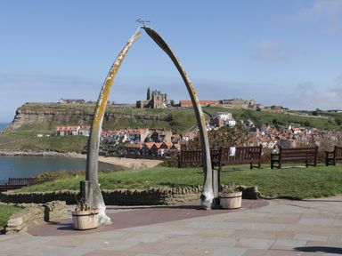 A large whale bone arch with benches and a coastal village with a castle in the background at The Tannery in Whitby