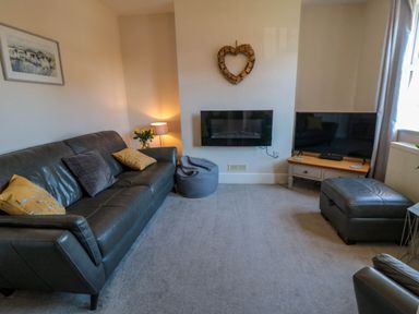 A living room with a black sofa, a bean bag, a wall-mounted fireplace, a television on a wooden stand, and a painting on the wall at The Tannery in Whitby