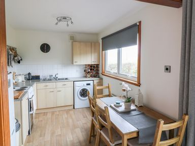 A kitchen with wooden cabinets a washing machine a table with four chairs and a window with a roller blind at Kestrel Lodge in Dumfries