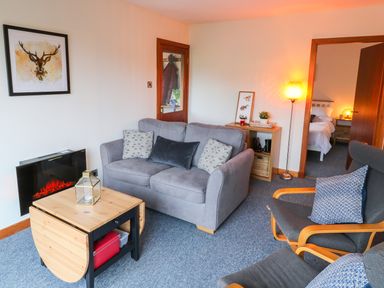 A living room with a gray sofa a wooden coffee table a fireplace and a chair at Kestrel Lodge in Dumfries