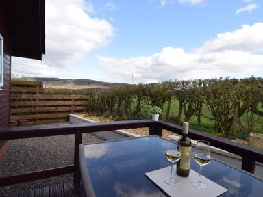 An outdoor patio with a glass table holding a bottle of wine and two glasses overlooking a fenced garden with hedges and hills in the background at Kestrel Lodge in Dumfries