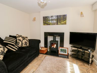 A living room with a black sofa with patterned cushions a wood burning stove a television on a stand and a framed picture on the floor at Rose Cottage in Bream