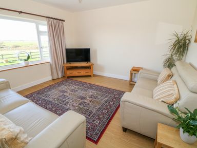 A living room with two sofas a patterned rug a television on a wooden stand and plants at Llain Bach in Llangefni
