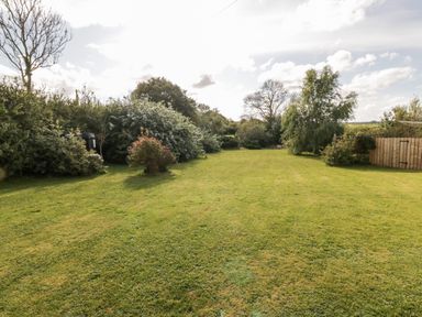 A backyard garden with grass lawn bushes trees and a wooden fence at Llain Bach in Llangefni