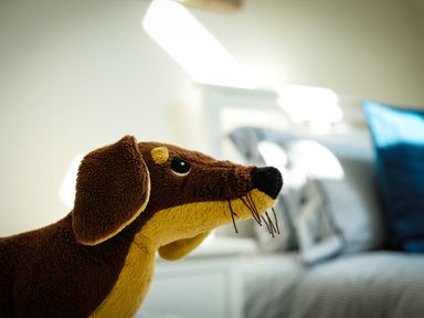 A stuffed brown and yellow dog toy in a bedroom with pillows on a bed at Oystercatcher in Embleton