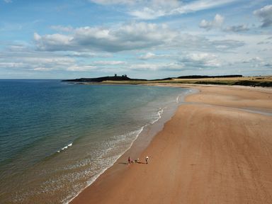 A sandy beach with two people and two dogs walking near the water at Oystercatcher in Embleton