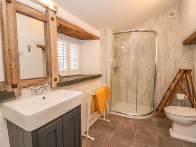 A bathroom with a sink under a wooden framed mirror a glass shower cubicle a toilet and a wooden ladder shelf at Bwthyn Lan in Boncath