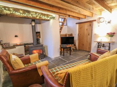 A living room with leather armchairs a wood burning stove TV and a wooden door at Bwthyn Lan in Boncath