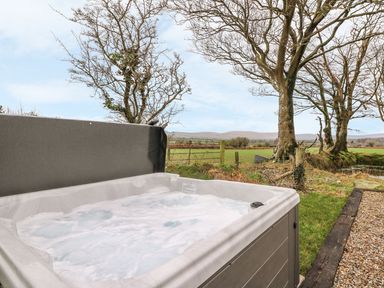 An outdoor hot tub with water bubbling near grass and trees at Bwthyn Lan in Boncath