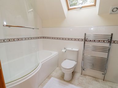 A bathroom with a bathtub, toilet, heated towel rail, and a skylight window at Pentrego Isaf in Meifod
