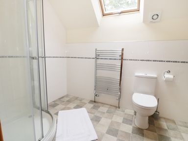 A bathroom with a toilet shower enclosure towel warmer white rug and skylight at Pentrego Isaf in Meifod