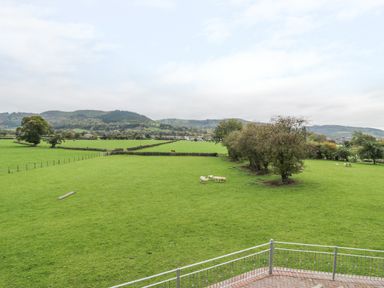 A green field with sheep and trees viewed from a balcony at Pentrego Isaf in Meifod