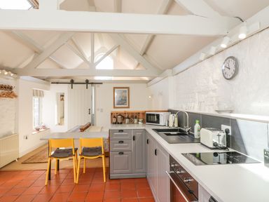 A kitchen with gray cabinets a sink toaster microwave and yellow chairs at The Daffodil Shed in Bere Alston